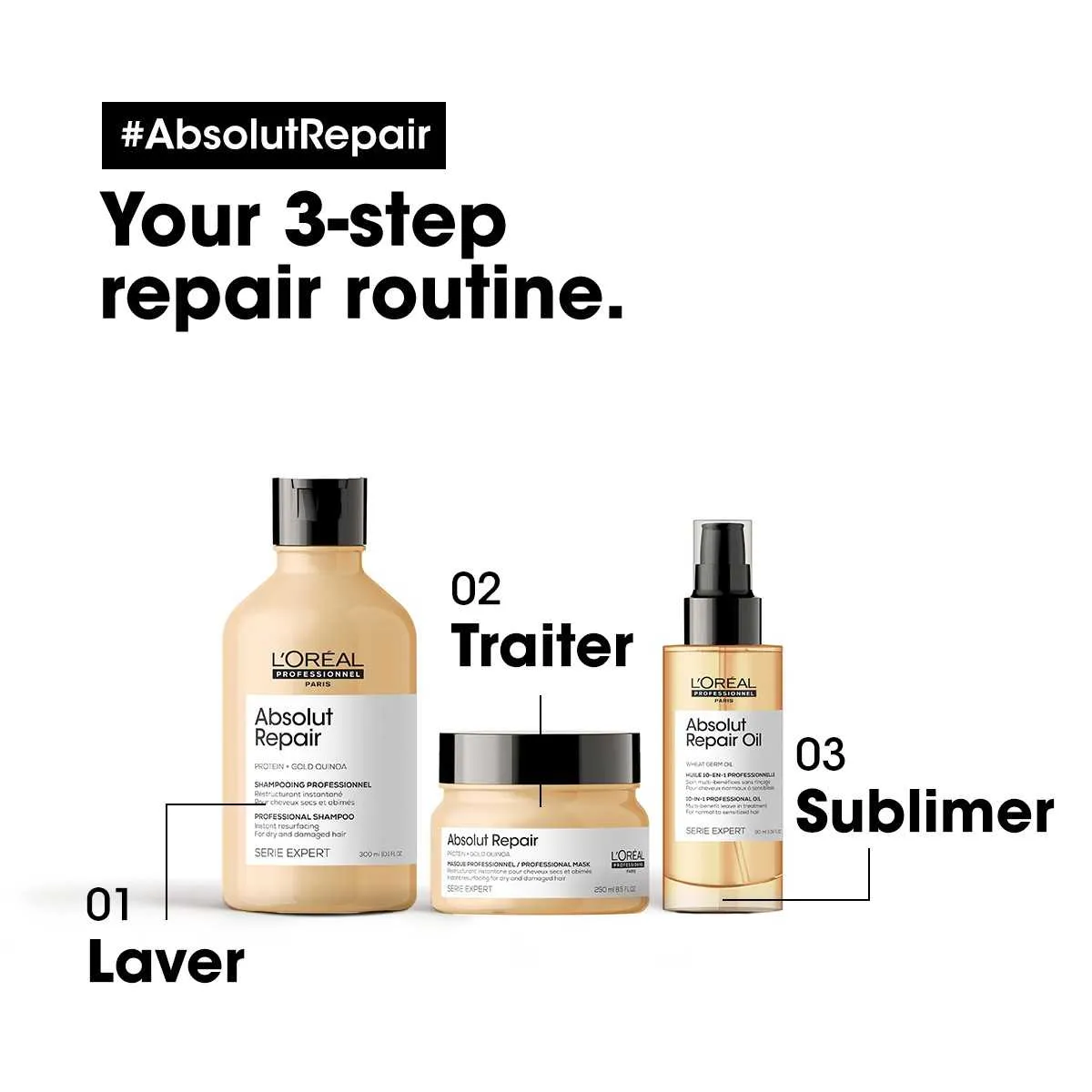 ABSOLUT REPAIR La gamme indispensable des cheveux secs et abîmés pour une reconstruction en un temps record.